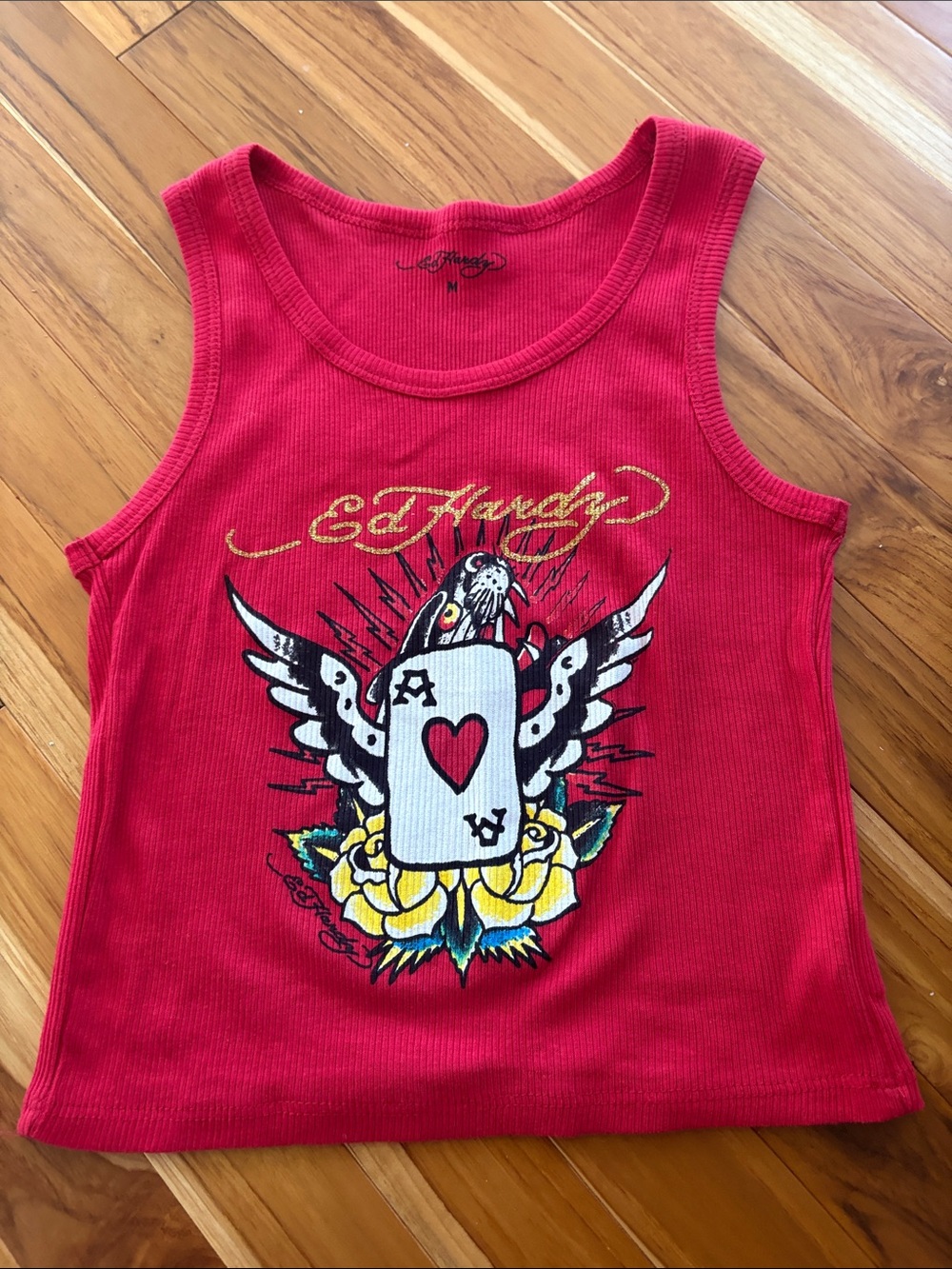 Ed Hardy Red Ribbed Tank with Winged Heart Graphic